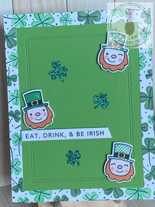 A handmade, high-quality St. Patrick’s Day card.  Who doesn’t want to eat, drink and be Irish? Make someone smile by sending them a cheery bright green card with shamrocks and leprechauns! An ink blended shamrock border and faux stitching detail on the green card panel accent the sentiment strip.  Card size: 4.25 x 5.5” (A2)  Coordinating white envelope included.