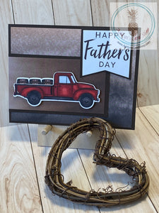 Hand coloured vintage truck with barrel cargo is popped up on a patterned paper banner with cardstock frame. The card base is also patterned paper on a cardstock frame, mounted on a white card base. The external sentiment reads "Happy Father's Day"; internal sentiment reads "Your love has helped me become who I am today. (And let's fact it . . . I'm awesome)". Add a little humour to your Dad's day card. A2 card size: 4.25 x 5.5". Coordinating envelope included. Warm ombre version shown.