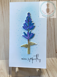 With Sympathy Watercolour Floral Card - Watercoloured wildflower on a white card front with a blended blue halo and stamped blue speckles. The external sentiment reads "with sympathy" and the internal sentiment reads "thinking of you". Blue/purple colour option. Card size is 3.5 x 6" (mini slim). Coordinating No. 8 envelope included.