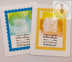 Encouragement card in blue or yellow. Front of the card has a watercolour wash with an embossed floral image and the sentiment reads: I may not always be there with you, but I will always be there for you! Blank inside for your personal message. A2 sized card: 4.25 x 5.5”. Comes with coordinating envelope.