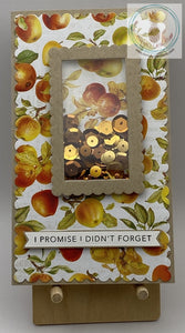 Autumn themed shaker card with patterned paper background and metallic coloured sequins in a scalloped rectangular frame. Four patterned paper options (apples), each with its own funny internal sentiment (shown in the images). Mini slimline card: 3.5 x 6.5". Coordinating envelope included.