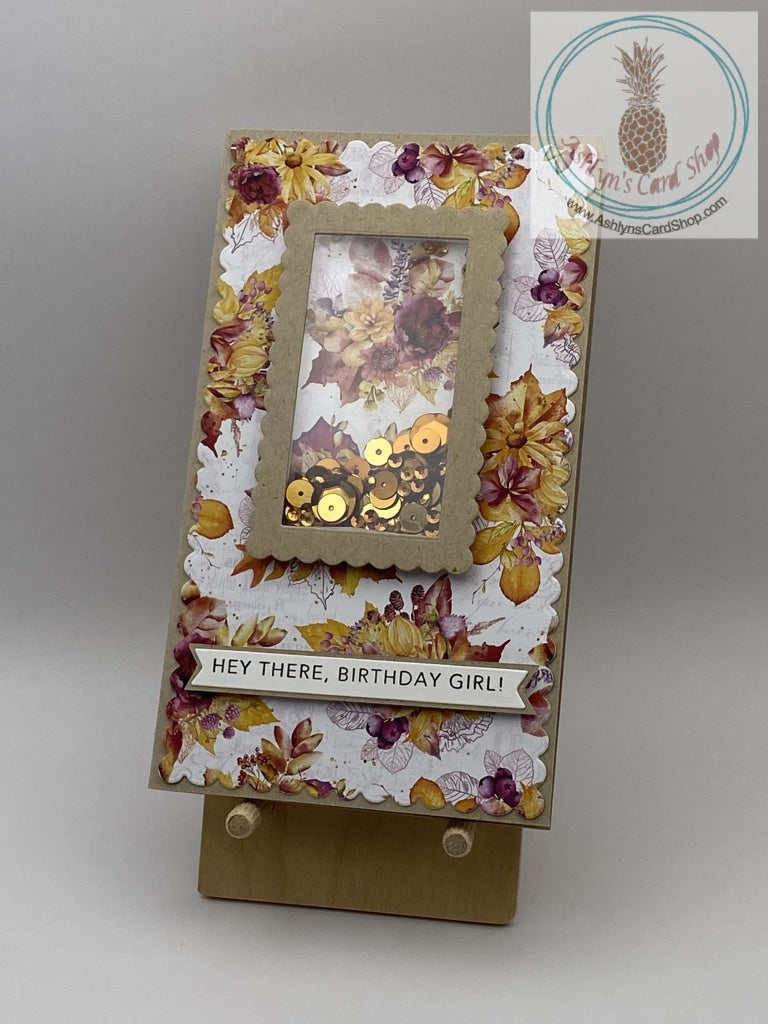 Autumn themed shaker card with patterned paper background and metallic coloured sequins in a scalloped rectangular frame. Four patterned paper options (fall floral), each with its own funny internal sentiment (shown in the images). Mini slimline card: 3.5 x 6.5". Coordinating envelope included.