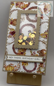 Autumn themed shaker card with patterned paper background and metallic coloured sequins in a scalloped rectangular frame. Four patterned paper options (fall wreath), each with its own funny internal sentiment (shown in the images). Mini slimline card: 3.5 x 6.5". Coordinating envelope included.