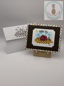 A thank you card with a farm theme. Hand coloured barn scene on brown cardstock and an additional layer of patterned paper. A2 size card 4.25 x 5.5". Coordinating envelope (shown) included.