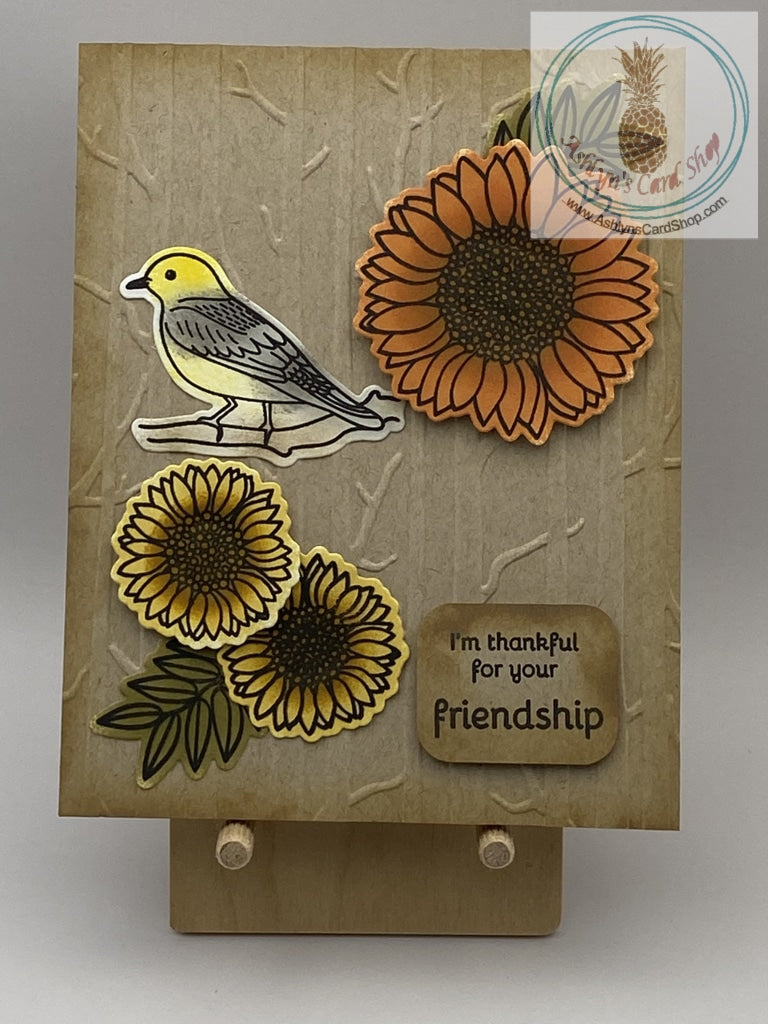 Bird and flowers on an embossed background friendship card. External sentiment reads I'm grateful for your friendship. Inside of the card is left blank for your personal message. A2 size card 4.25 x 5.5". Coordinating envelope included.
