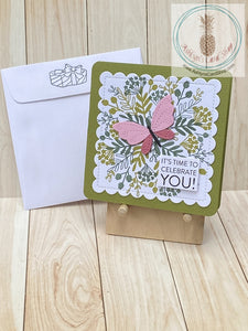 Bright Butterfly Birthday Card - pink butterfly version shown with coordinating envelope