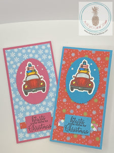 Car & Presents Christmas Card - red and pink versions shown.