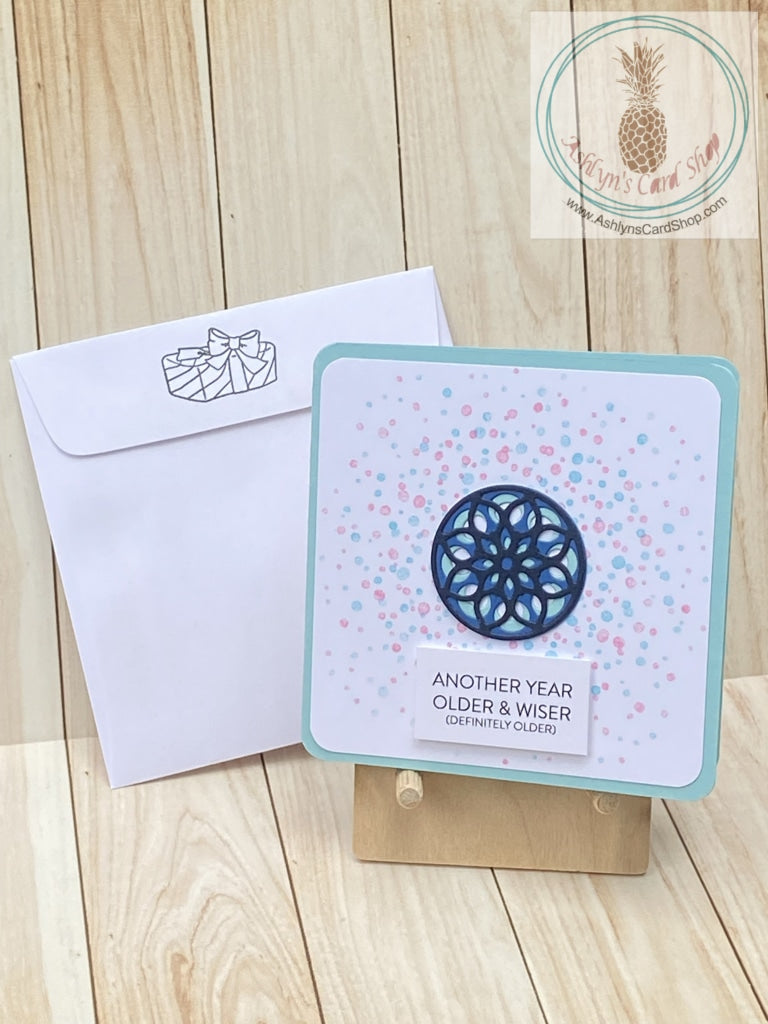 Circle Medallion Birthday Card - blue version shown with coordinating envelope