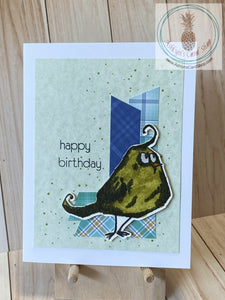 A crazy looking bird is the focal point of this card. The bird is hand watercoloured and popped up on patterned paper strips to ground him  Green speckles are stamped on a green patterned card panel that is adhered to a white card base. The external sentiment reads: happy birthday.  The internal sentiment reads: Friends don't let friends get older alone. Card size is A2 with a coordinating white envelope.