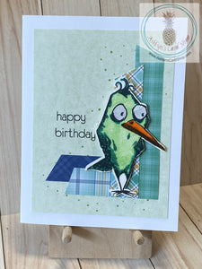 A crazy looking bird is the focal point of this card. The bird is hand watercoloured and popped up on patterned paper strips to ground him  Green speckles are stamped on a green patterned card panel that is adhered to a white card base. The external sentiment reads: happy birthday.  The internal sentiment reads: May you outlast your usual bedtime. Card size is A2 with a coordinating white envelope.