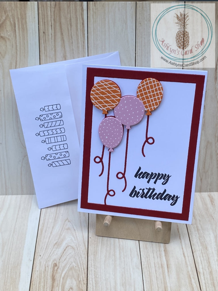 Floating Balloons Birthday Card - red (shown with coordinating envelope)