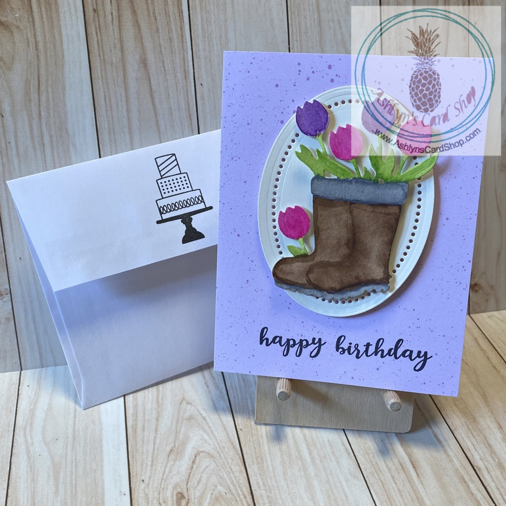 Gardening Boot Tulip Bouquet Birthday Card Greeting