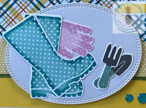 Gardening themed notecard - teal and pink gardening tools on a bright and cheerful yellow, teal and white card front. Close up of the gardening tools.