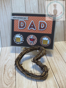 Father's Day card with a barbeque theme. High quality handmade greeting card with hand coloured images that represent Dads. Mounted to a kraft coloured card base, a dark brown die cut frame with inlaid pieces of patterned paper showcases the sentiments and coloured images in this design. Patterned paper varies amongst the versions. A2 Card Size: 4.25 x 5.5". Coordinating envelope included. Grill & Beer version.