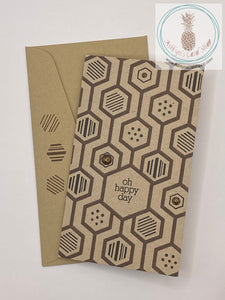 Masculine birthday card with a hexagon pattern stamped on the front card panel in Brown/Black combinations Sentiment adds some humour to the occasion: oh happy day (external) and happy anniversary of your terrestrial debut (internal). Mini slim size card: 3.5" x 6". Comes with coordinating envelope (shown).