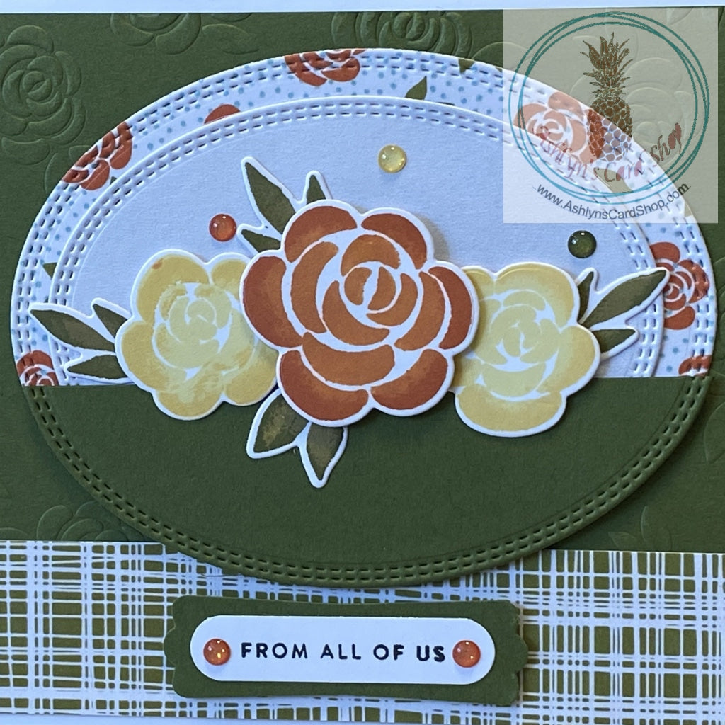 Roses Birthday Card - close up of the orange and yellow roses popped up on oval die cuts.
