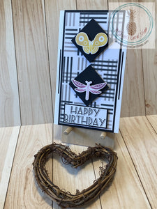 Graphic stenciled backgrounds with a variety of stylized animal shapes and sentiments to choose from. Mini slim card size (3.5 x 6").  Coordinating envelope included. Butterfly & Dragonfly Happy Birthday.