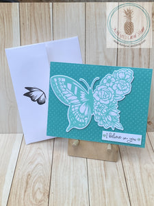 Stylized Butterfly Encouragement Card - teal version shown with coordinating envelope