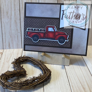 Hand coloured vintage truck with barrel cargo is popped up on a patterned paper banner with cardstock frame. The card base is also patterned paper on a cardstock frame, mounted on a white card base. The external sentiment reads "Happy Father's Day"; internal sentiment reads "Your love has helped me become who I am today. (And let's fact it . . . I'm awesome)". Add a little humour to your Dad's day card. A2 card size: 4.25 x 5.5". Coordinating envelope included. Cool ombre version shown.