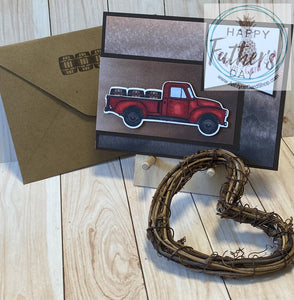 Hand coloured vintage truck with barrel cargo is popped up on a patterned paper banner with cardstock frame. The card base is also patterned paper on a cardstock frame, mounted on a white card base. The external sentiment reads "Happy Father's Day"; internal sentiment reads "Your love has helped me become who I am today. (And let's fact it . . . I'm awesome)". Add a little humour to your Dad's day card. A2 card size: 4.25 x 5.5". Coordinating envelope (shown) included. Warm ombre version shown.