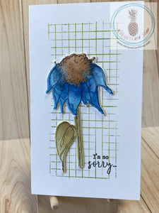 Watercolour Floral Sympathy Cards - A watercoloured coneflower on a white card front stamped with a rustic looking green grid pattern.  External sentiment reads "I'm so sorry . . ." and the internal sentiment reads "may hope fill your heart today".  Card size is 3.5 x 6" (mini slim)  Coordinating No. 8 envelope included