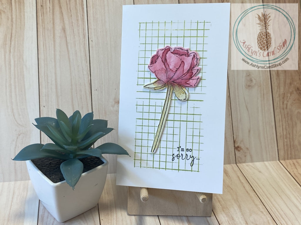 Watercolour Floral Sympathy Cards - A watercoloured rose on a white card front stamped with a rustic looking green grid pattern.  External sentiment reads "I'm so sorry . . ." and the internal sentiment reads "may hope fill your heart today".  Card size is 3.5 x 6" (mini slim)  Coordinating No. 8 envelope included