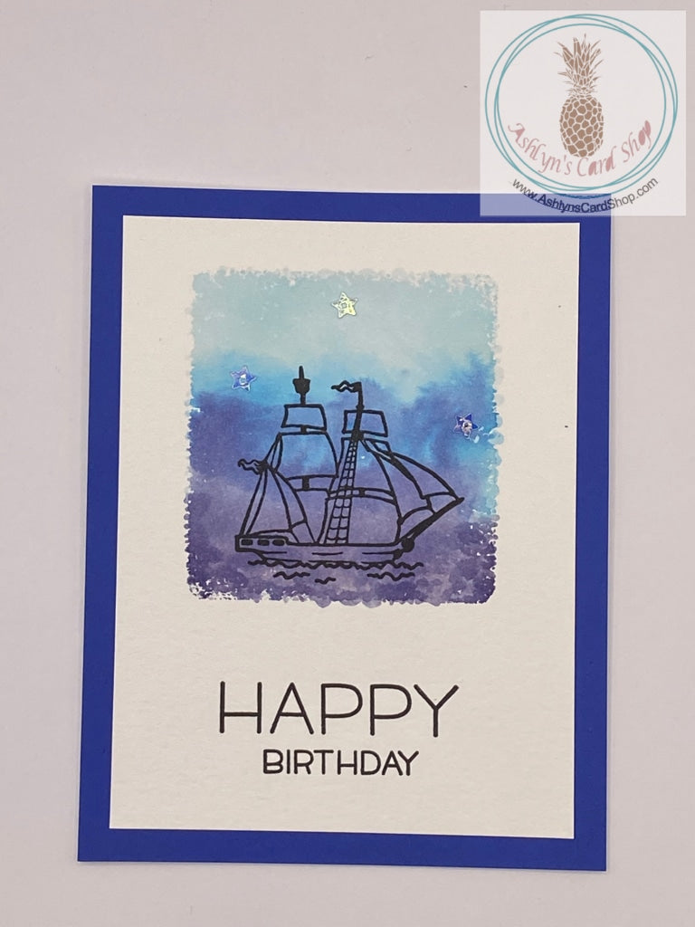 Watercolour wash background stamped with either sunflowers or a ship. The ship card reads: happy birthday (internal) and you're how old? (external). A2 size card: 4.25" x 5.5". Comes with coordinating envelope.