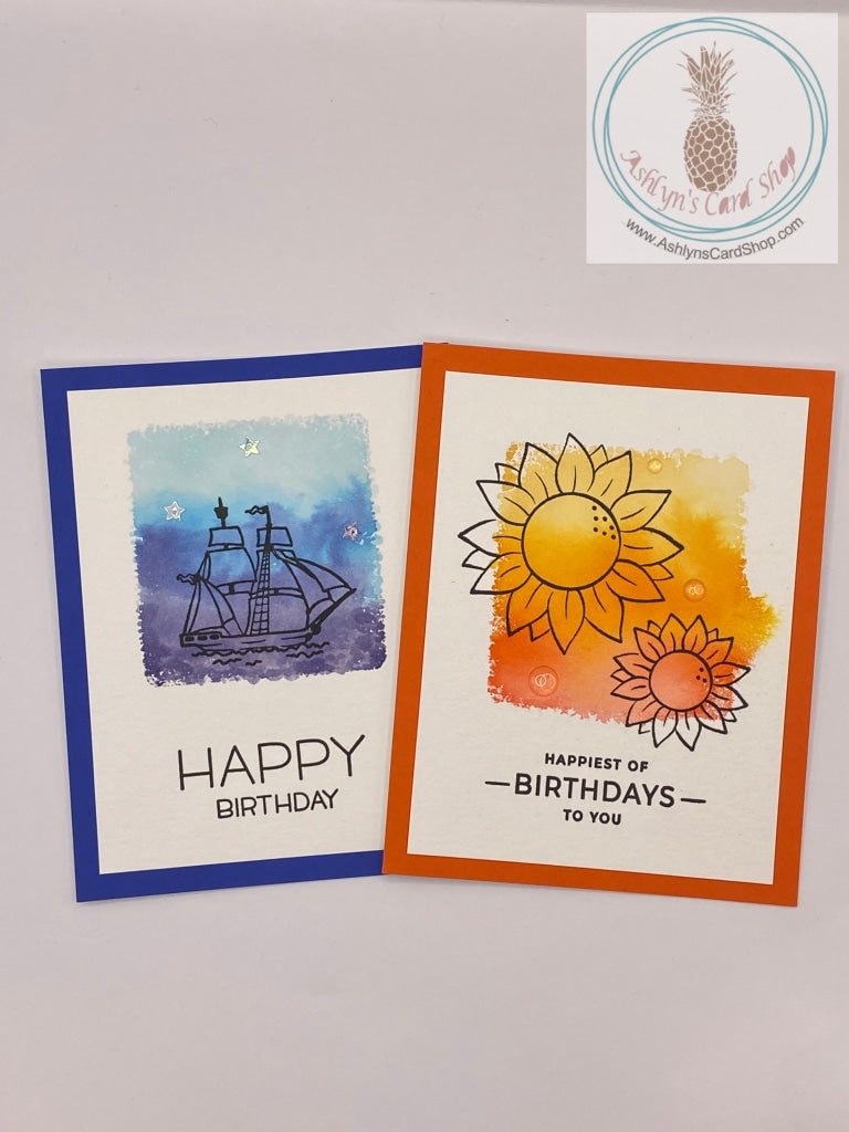 Watercolour wash background stamped with either sunflowers or a ship. The sunflower card reads: happiest of birthdays to you (external) and with age comes wisdom. Happy birthday, genius (internal). The ship card reads: happy birthday (internal) and you're how old? (external). A2 size card: 4.25" x 5.5". Comes with coordinating envelope.