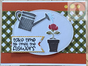 For the indoor gardener in your life. Watering a potted plant scene on an orange, green and white background. External sentiment reads "take time to smell the flowers" and the inside is blank for your personal message. A2 card size (4.25 x 5.5"). Coordinating envelope included.